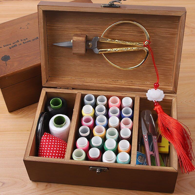 Sewing Box Home Set Needles Threads Tools Craft Kit Storage Boxes 21x13x9cm Wood