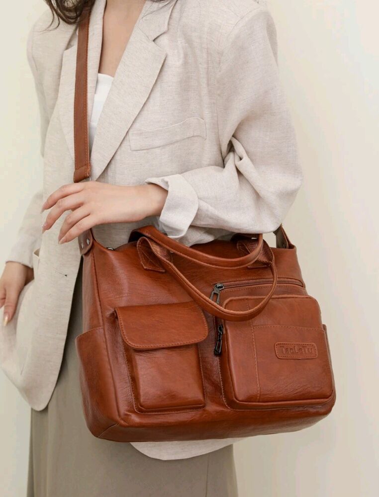Leather Crossbody Bag For Women Large Shoulder Handbag Satchel Bags 14" (Brown)