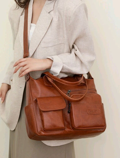 Leather Crossbody Bag For Women Large Shoulder Handbag Satchel Bags 14" (Brown)