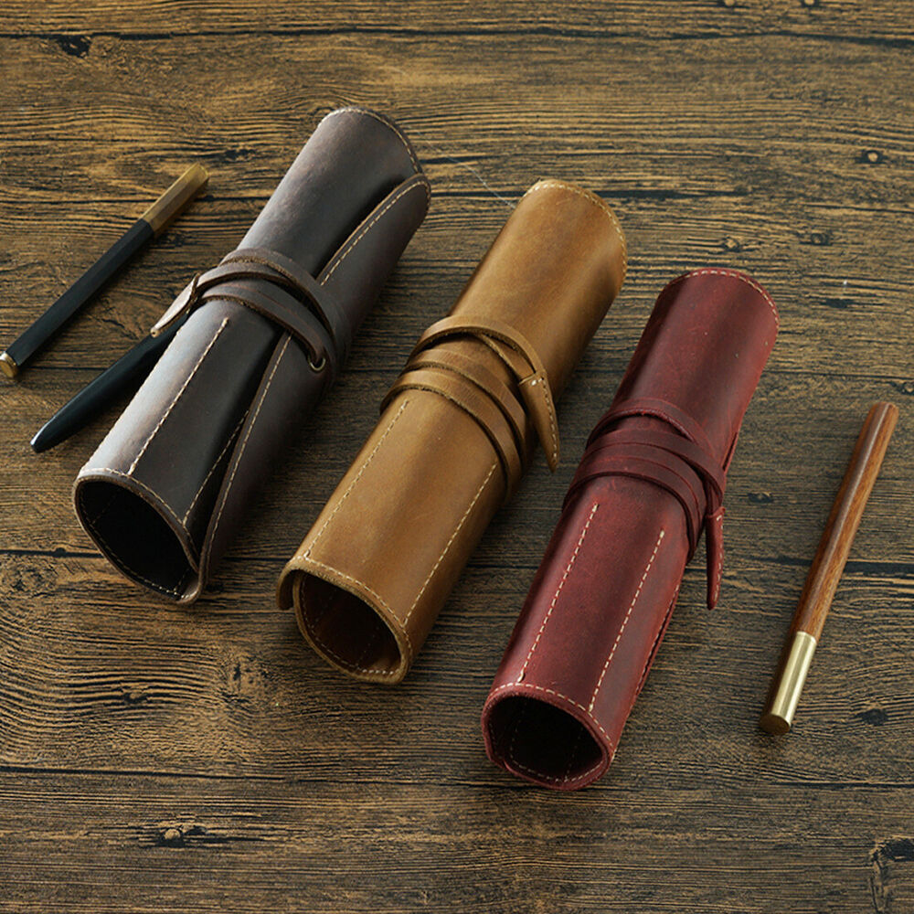 Handmade Cowhide Leather Pen Pouch Vintage Roll-up Pencil Case Bag Pen Curtain