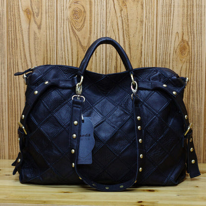 Genuine Cowhide Leather Colorful Blocks Patchwork Handbag Women's Tote Crossbody