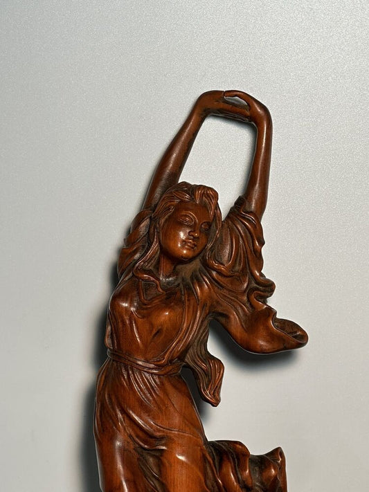 Chinese Wood Carved Boxwood Pretty Woman Girl Statue Wooden Sculpture Home Decor