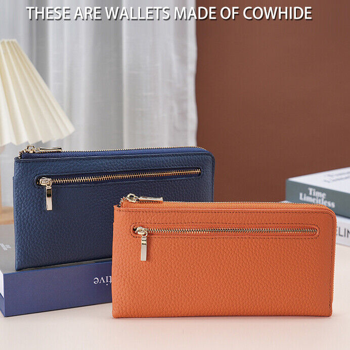 Togo Leather Women's Long Wallet, RFID Blocking Card Holder Zipper Clurch bag