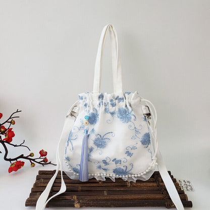 Pearl Floral Hanfu Bag Ancient Purse Embroidery Ruffle Drawstring Handbag Wallet
