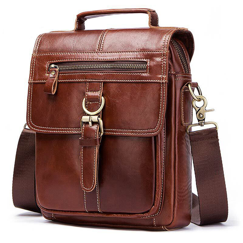 100% Genuine Leather Men's Sling Shoulder/Messenger Bag Double Zipper 8" Handbag