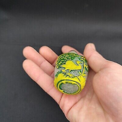 antique chinese snuff bottle peking glass yellow vintage Carved peacock statue