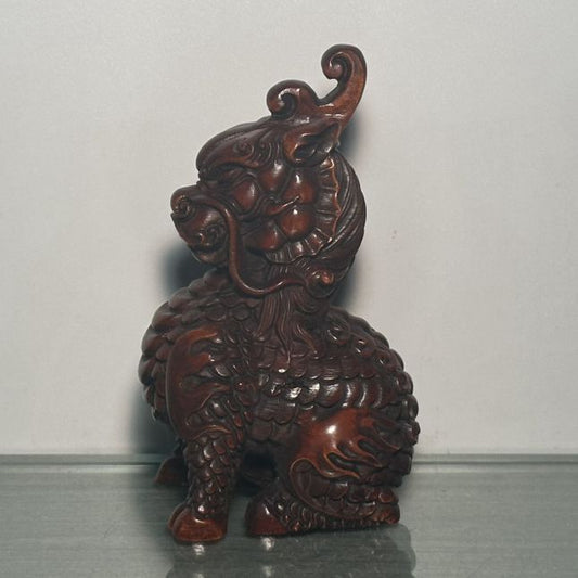 Chinese Wooden Carved A Pair Dragon Statue Unicorn Wood Home Decor Sculpture Art