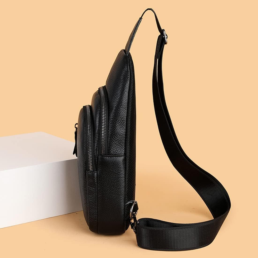 Mens Sling Bag Small Genuine Leather Chest Shoulder B-black-genuine