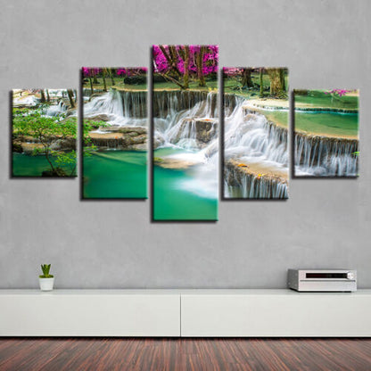 Green Lake Waterfall Forest 5 Piece Canvas Wall Art Painting Poster Home Decor
