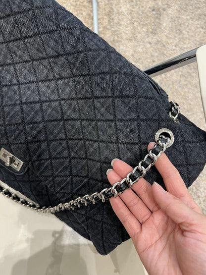 Large Quilted Denim Shoulder Bag Flap Purse Double Chains Hobo Fashion Tote