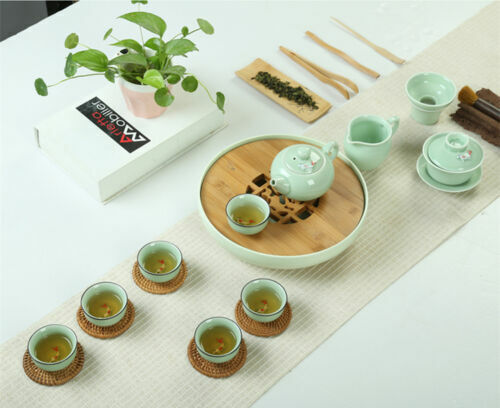 Chinese porcelain tea set fish relief ceramic gaiwan kungfu tea pot pitcher cups