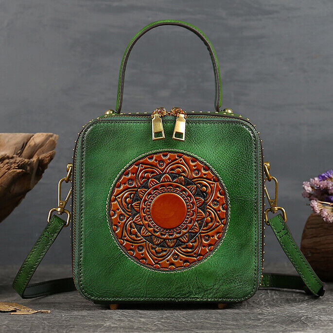 Women's Retro100% Genuine Leather Handbag Embossed Crossbody Shoulder Square Bag