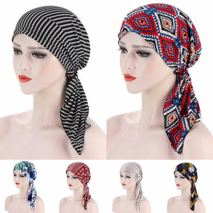 Women's Cancer Hat Chemo Cap Muslim Flower Print HeadWrap Long Head Scarf Turban