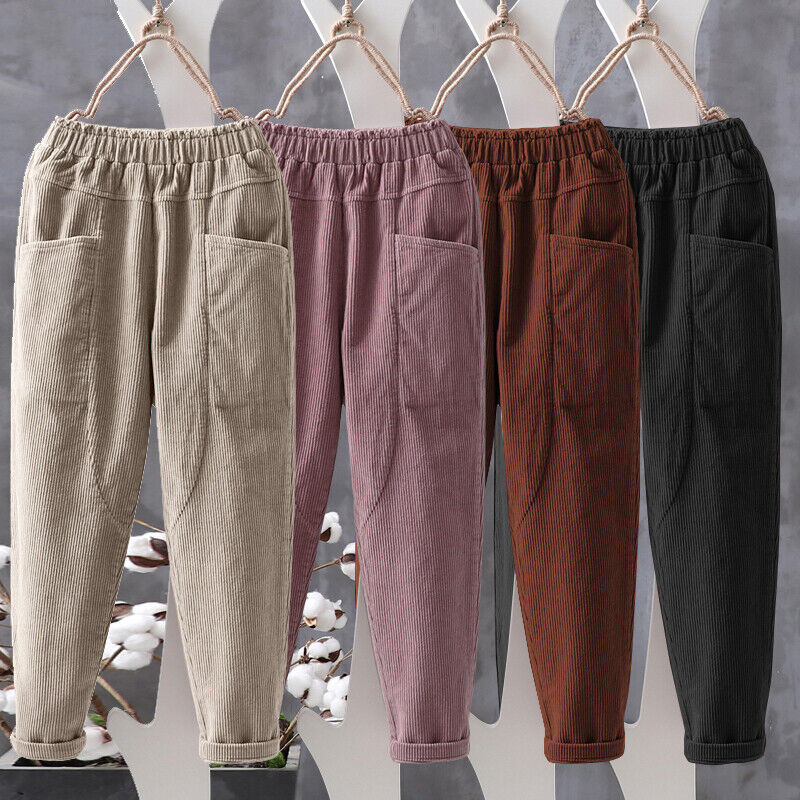 Women Elastic Waist Corduroy Pants Winter Warm Fleece Loose Cargo Baggy Trousers
