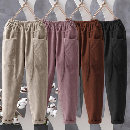 Women Elastic Waist Corduroy Pants Winter Warm Fleece Loose Cargo Baggy Trousers