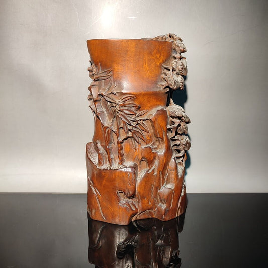 Pine bamboo statue desk study room chinese wood brush pot wooden decor carving