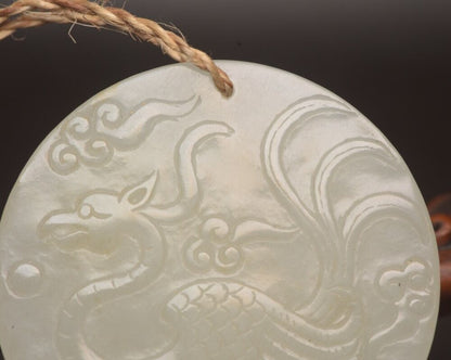 Top Chinese Natural Hetian White Jade Carved Dragon Phoenix Statue Lucky Pendant