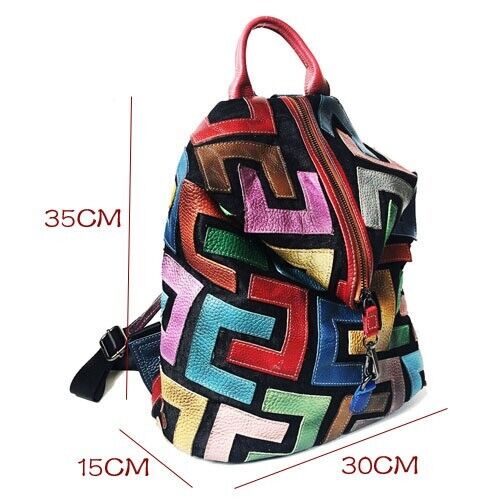 Desinger Real Leather Women's Backpack, Colorful Patchwork Travel Shoulder Bag