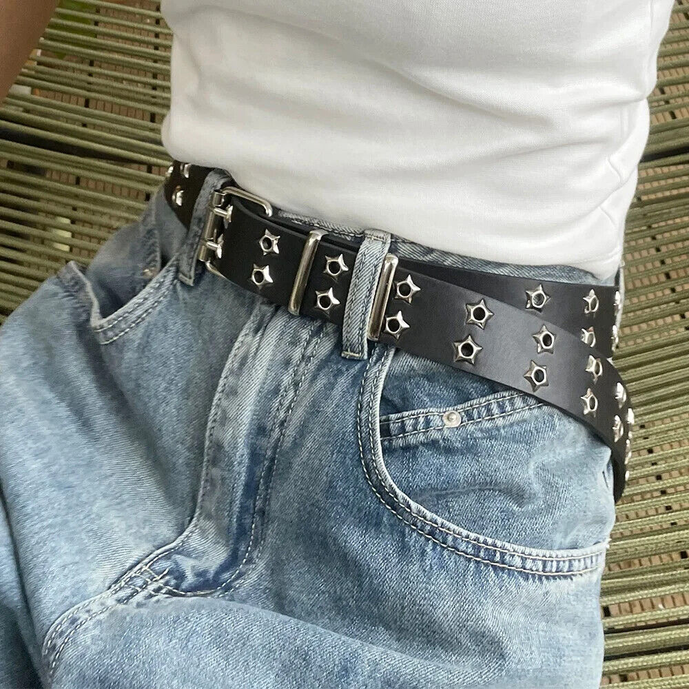 Women Belt Pu Leather Star Eye Rivet Punk Hollow Double Pin Buckle Men Waistband