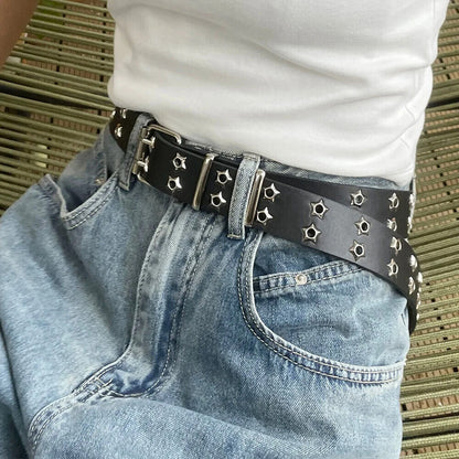 Women Belt Pu Leather Star Eye Rivet Punk Hollow Double Pin Buckle Men Waistband