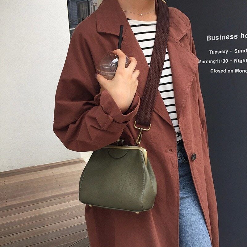Army Green Wide Bags Women Shoulder Bags Crossbody Handbag PU Leather Bag