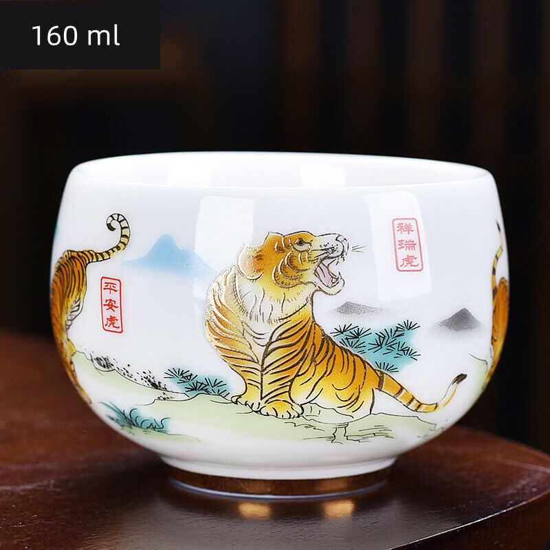 3.38" Mutton Jade Porcelain Tea Cup Mascot Tiger Print Under Glaze Master Cup
