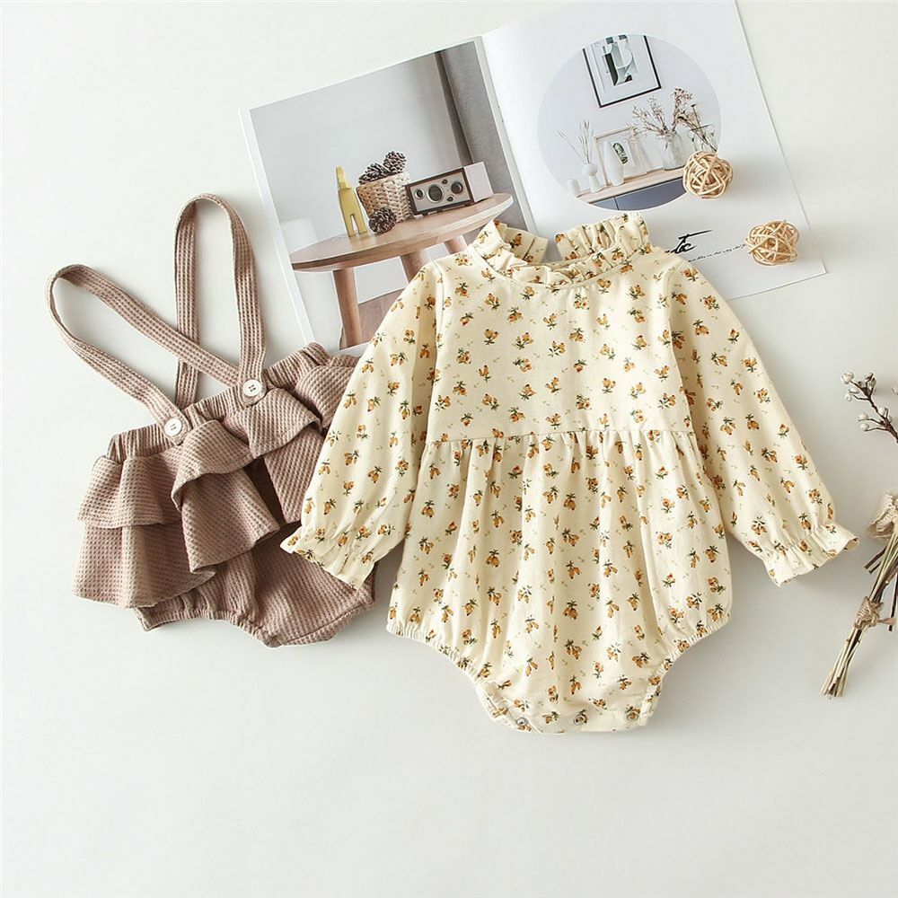 Baby Girls Clothes Set 2Pcs Vintage Cotton Floral Blouse Shirts Rompers Newborn