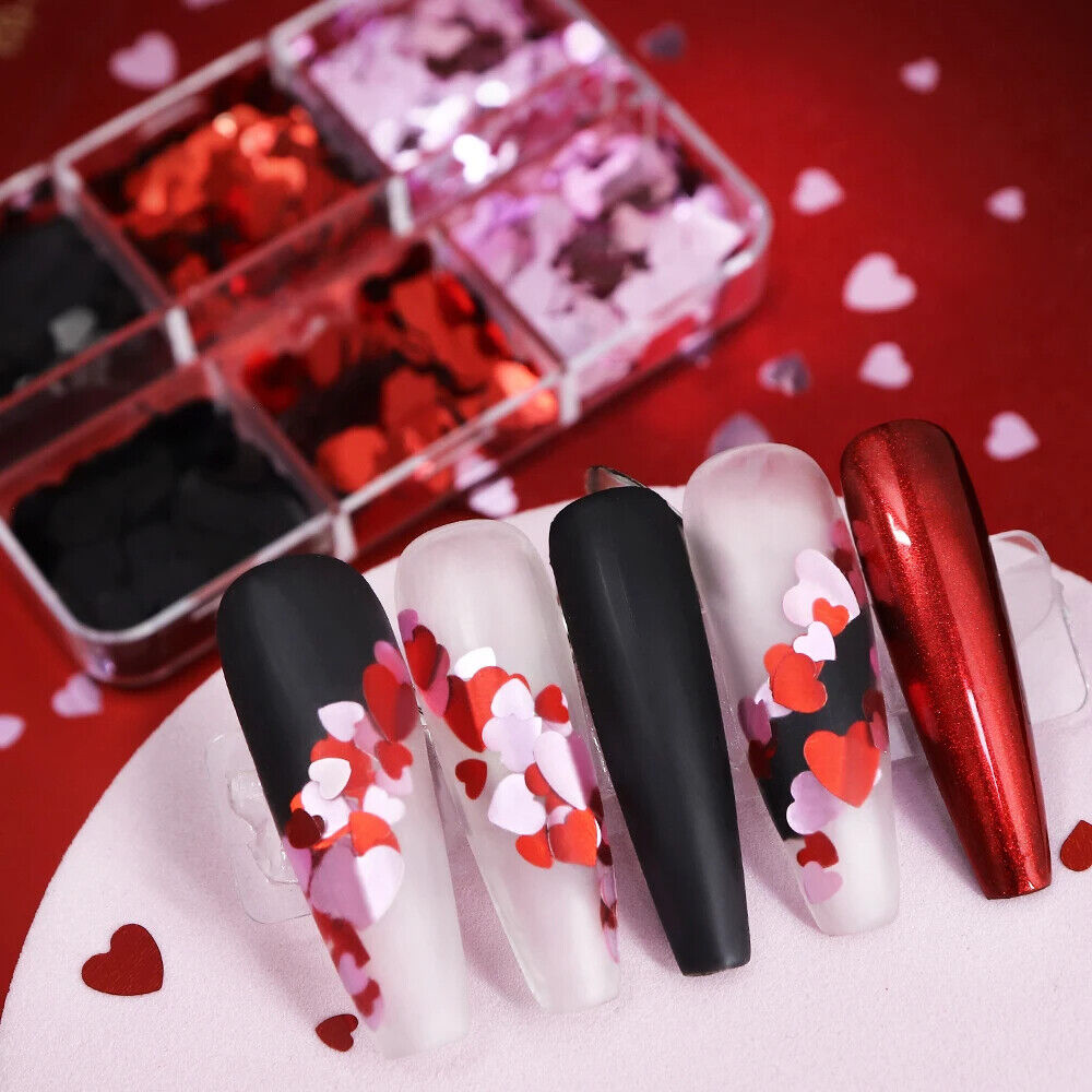 Nail Glitter Sequins 6Grids Mixed Red Black Heart Valentine's Day Manicure Decor