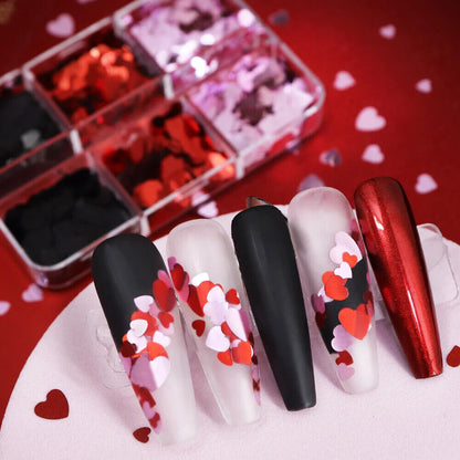 Nail Glitter Sequins 6Grids Mixed Red Black Heart Valentine's Day Manicure Decor
