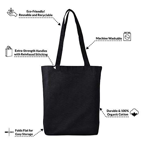 Canvas Tote Bags - 2 Pack Black Cotton Shopping with 16x16x5,