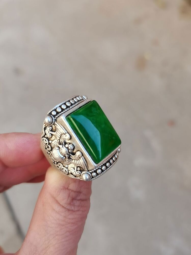 Asian old miao silver hand cast cool statue ring jewel gift