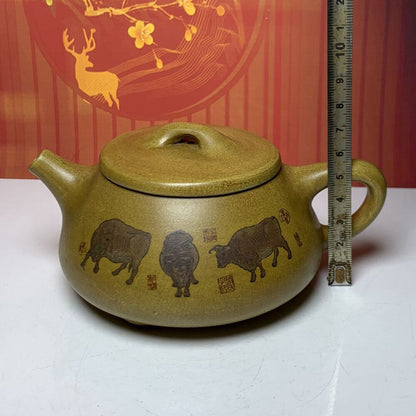 Vintage Chinese Yixing Purple Clay Teapot Zisha Ceremony Painted Cattle Teaware