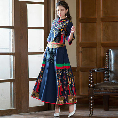 Chinese Women Top Short Skirt Two Piece Set China Ethnic Cotton Linen Tang Suit