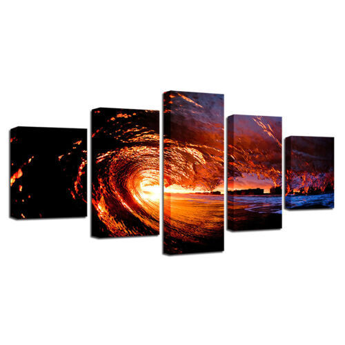 Sunset Ocean Huge Waves Sea Water 5 Panel Canvas Print Wall Art Poster Decor