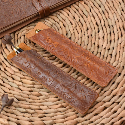 Handmade Cowhide Leather Carved Vintage Pencil Case Stationery Storage Bag