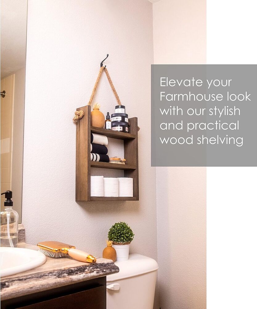 Wooden Rustic Bathroom Floating Rope Shelf Organizer Towel Rack Home Decoration