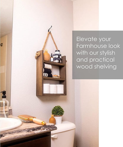 Wooden Rustic Bathroom Floating Rope Shelf Organizer Towel Rack Home Decoration