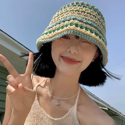Women Bucket Hats Color Woven Summer Japanese Show Face Beach Sun Caps Sunshades