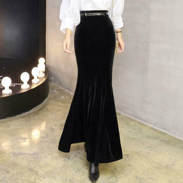 Fashion Womens Velvet Mermaid Flare Skirts Party Casual Full Long Dress Skirts