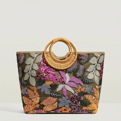 Sequin Flower Graphic Top Handle Bag, Ethnic Tote and Bohemian Handbag Vacation