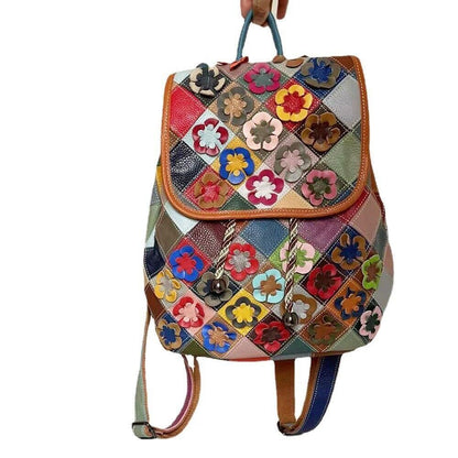 Top Real Leather Women's Bacpack, Desinger Colorful Patchwork Floral Travel Bag