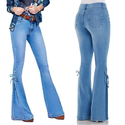 Slim Fit Trousers Womens Bowknot Flared Jeans Bell Bottoms Stretch Denim Pants