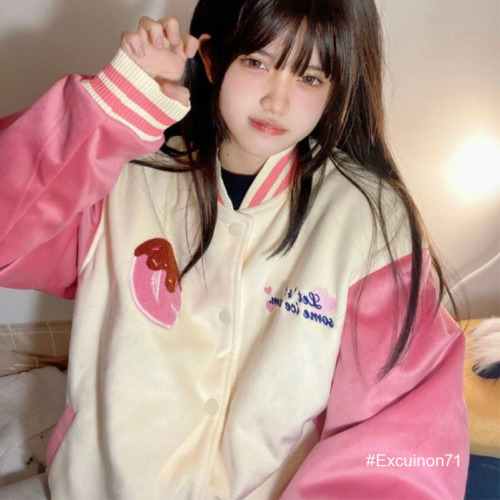 Cute womens Hello Kitty Loose Harajuku Jacket Street pink Baseball Uniform Coat