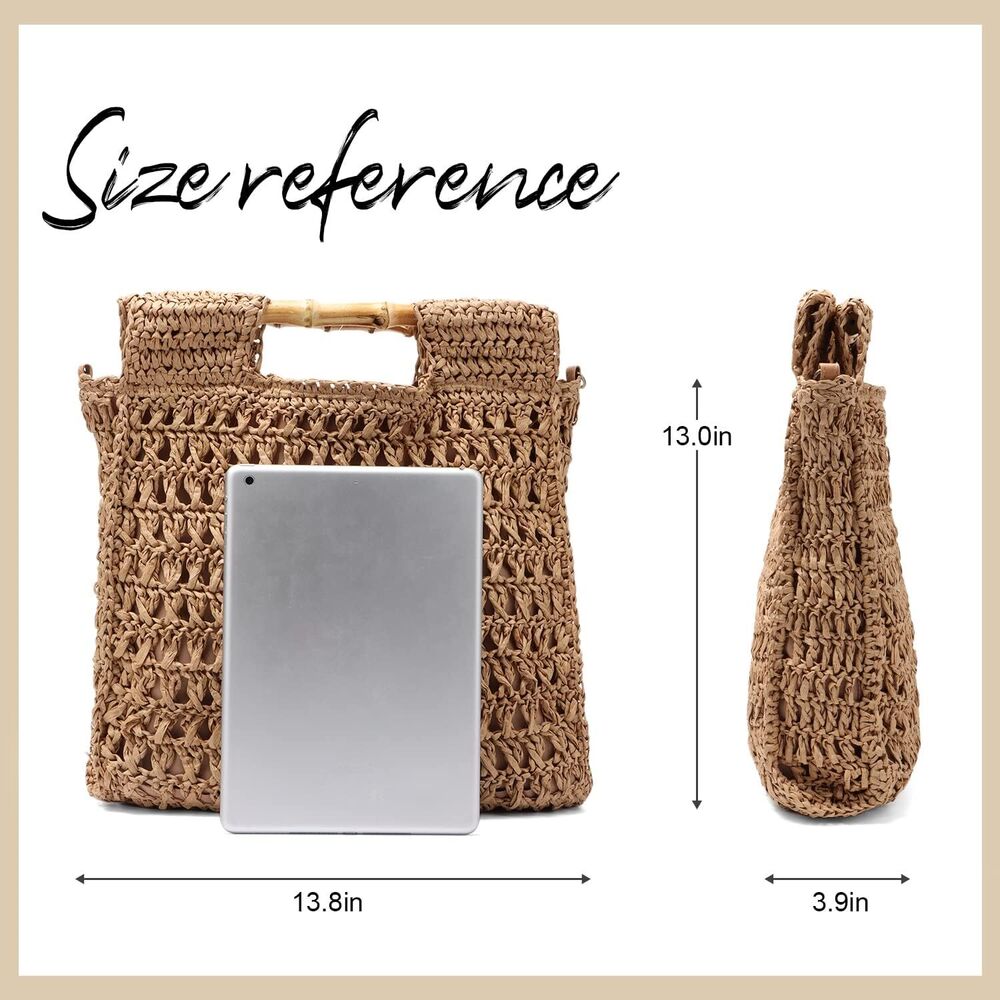 Handmade Women Straw Handbag Summer Beach Drawstring Rattan Top Handle Purse