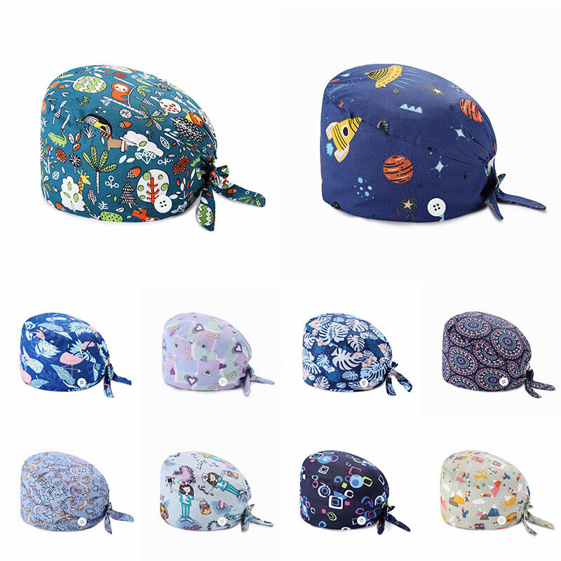 Unisex Surgical Scrub Cap Doctor Nurse Cotton Cartoon Adjustable Hats Buttons