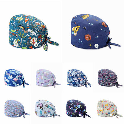 Unisex Surgical Scrub Cap Doctor Nurse Cotton Cartoon Adjustable Hats Buttons