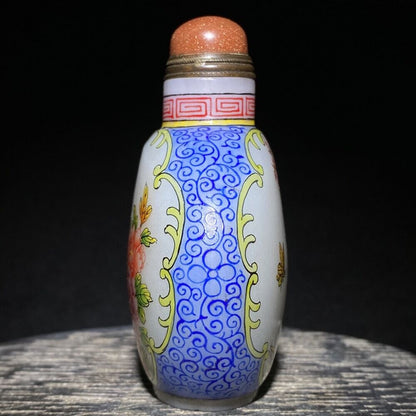 chinese glass snuff bottle Statue Painted flower bird rare colored glaze art