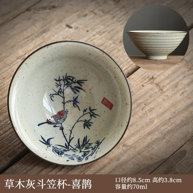 Retro Chinese Bamboo Antique Ceramic Underglaze Tea Bowl Kungfu Tea Set Tea