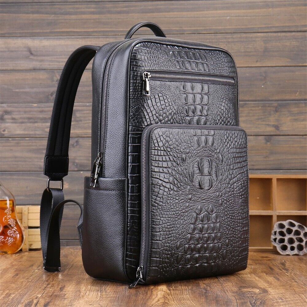 Top Cow Leather Black Men's Backpack, Crocodile Print Large Capacity Travel Bag