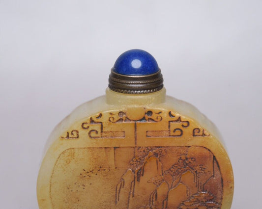 Vintage Chinese Hetian Jade Carving Landscape Snuff Bottle Statue Snuffbox Rare
